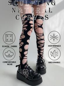 1 Pair Of Y2K Black Over-The-Knee Fishnet Socks For Women, Punk Wind Tunnel Lace-Up Pantyhose, Thin Irregular-Soled Socks Suitable For Those Weighing Under 110 Pounds.