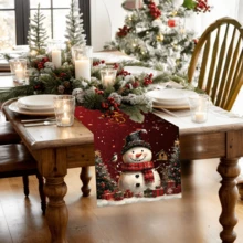 1 pieza/270 piezas Camino de mesa navideño, fondo negro y rojo con elementos de copos de nieve y muñeco de nieve, material de poliéster, 30x180cm, decoración de mesa de fiesta navideña en el hogar, restaurante y sala de estar, decoración de mesa de comedor interior y exterior, decoración de habitación, decoración del hogar, cocina, estilo decorativo, decoración de cocina, accesorios de decoración de habitación, decoración navideña, decoración de sala de estar - Muñeco de nieve navideño con bufanda negra y roja - Ver 3