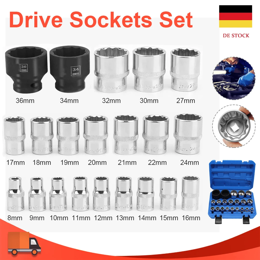 Lislark Steckschlüssel Satz 1/2" 21tlg 8-36mm Vielzahn Nüsse zoll für 6 und 12 Kant