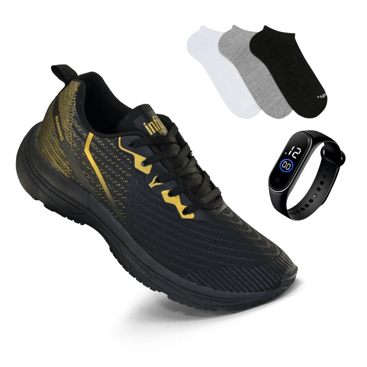 Sports Shoes + Watch + Infily Socks For The Gym Walking Running - Black and Gold - View 1