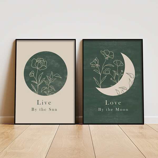 2 Stücke/Set Sonne und Mond Leinwanddrucke, retro minimalistisches dekoratives Gemälde, abstraktes grünes geometrisches dekoratives Poster, hochwertige kreative Heimdekoration, kreatives ideales Geschenk, geeignet für Wohnzimmer, Esszimmer, Büro und Schlafzimmer, ungerahmt