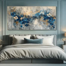 1 pièce Grande canevas d'art mural - Conception florale abstraite élégante bleue et dorée, décoration murale aquarelle moderne pour salon et chambre à coucher, décoration de chambre esthétique, affiche vintage, avec ou sans cadre, décoration de dortoir universitaire et appartement, cadeaux pour décoration murale dans l'hôtel, la maison, le salon, la chambre à coucher, la salle de bain et le bureau