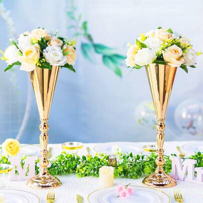 GOQODO Conjunto de 10 piezas de flores artificiales de estilo bohemio para decorar un jarrón, centro de mesa geométrico para boda y comedor, soporte de flores de metal dorado/plateado. Para Halloween, boda, fiesta, decoración de habitación y cocina, interior/exterior, celebración