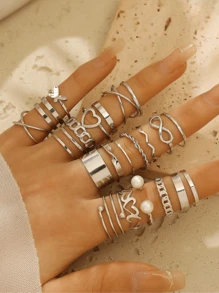 22 pièces/set Bagues à motifs de cœur creux, papillon, tressé