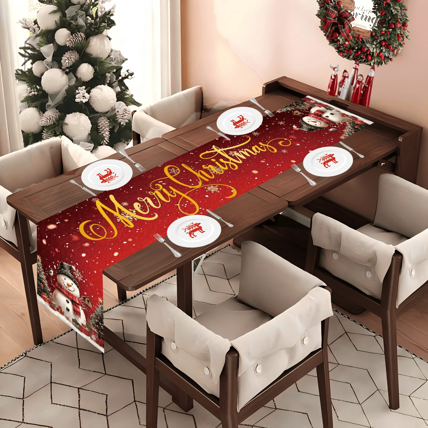 1 pieza/270 piezas Camino de mesa navideño, fondo negro y rojo con elementos de copos de nieve y muñeco de nieve, material de poliéster, 30x180cm, decoración de mesa de fiesta navideña en el hogar, restaurante y sala de estar, decoración de mesa de comedor interior y exterior, decoración de habitación, decoración del hogar, cocina, estilo decorativo, decoración de cocina, accesorios de decoración de habitación, decoración navideña, decoración de sala de estar
