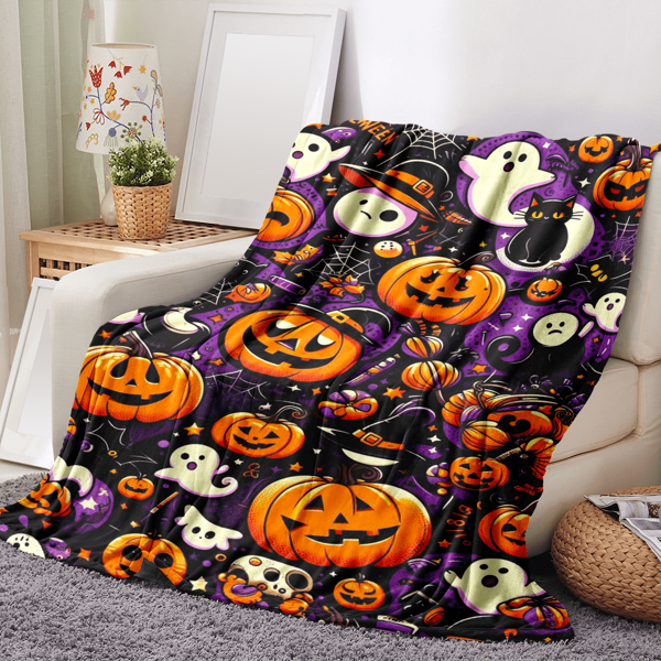 Couverture en flanelle thème Halloween - Douce et confortable jeter vintage pour canapé, avec motifs fantôme, citrouille, chauve-souris et toile d'araignée, convient pour toutes les saisons, lavable en machine, tricot polyester imprimé numériquement - cadeau idéal pour les amis