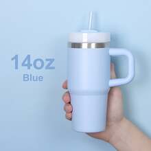 1 pieza Vaso aislado al vacío de doble pared de acero inoxidable de 14 oz, mini vaso de coche multicolor, botella portátil para deportes al aire libre con pajita de plástico - Multicolor - Ver 7