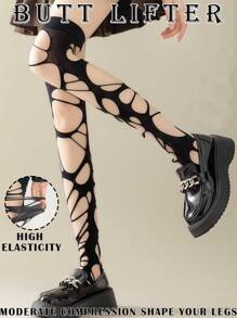 1 Pair Of Y2K Black Over-The-Knee Fishnet Socks For Women, Punk Wind Tunnel Lace-Up Pantyhose, Thin Irregular-Soled Socks Suitable For Those Weighing Under 110 Pounds.