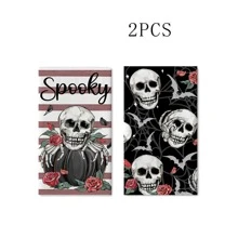 Halloween Gothic Skull Kitchen Dish Towels Set Of 2/4/6/48, Spooky Black Pumpkin Rose Flower Drying Hand Towels Baking Cooking Cloth, Stripes Spider Web Bat Holiday Home Kitchen Decoration