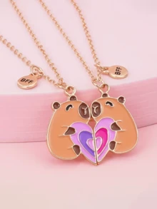 2pcs Cute Capybara Heart Shaped DIY Jewelry Set, Fashionable Best Friend/Girlfriend Gift, Necklaces For Girls, Party, Birthday, Music Festival - Multicolor - View 2