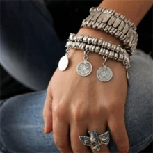 1 chiếc vòng tay xích tua rua đồng xu phong cách Bohemian cổ điển, phụ kiện trang sức tối giản dành cho phụ nữ - Màu Bạc Cổ - Xem 3