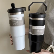 30盎司带吸管盖手柄杯，双层真空隔热水瓶，防漏杯身，适合旅行咖啡杯，杯架友好，适用于办公室、家庭、运动