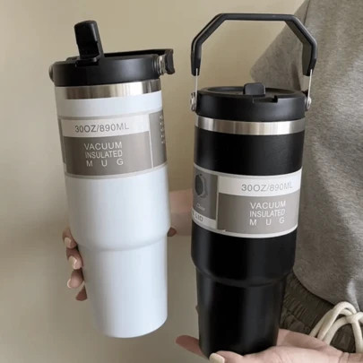 30盎司带吸管盖手柄杯，双层真空隔热水瓶，防漏杯身，适合旅行咖啡杯，杯架友好，适用于办公室、家庭、运动