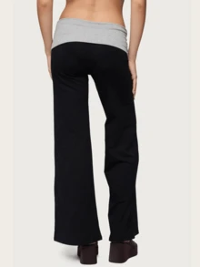 Women Fold Over Yoga Pants Low Rise Solid Color Stretch Casual Straight Wide Leg Palazzo Pants Loose Fit Comfy Flared Leggings Gym Lounge Pants Bootcut Bell Bottoms Baggy Sweatpants Teen Girl Back To School Bottoms Y2k Streetwear - 黑灰色 - 查看 2
