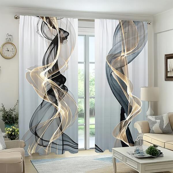 2pcs Of Black And Golden Smoke Pattern Curtains Abstract Geometric Flow Art Line Design Curtains 3D Solid Printing Sunshade Curtains Living Room, Bedroom, Study Balcony, Office Window Decoration Minimalist Style Decoration Creates A Stylish Atmosphere