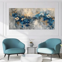 1 pièce Grande canevas d'art mural - Conception florale abstraite élégante bleue et dorée, décoration murale aquarelle moderne pour salon et chambre à coucher, décoration de chambre esthétique, affiche vintage, avec ou sans cadre, décoration de dortoir universitaire et appartement, cadeaux pour décoration murale dans l'hôtel, la maison, le salon, la chambre à coucher, la salle de bain et le bureau
