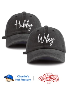 2 Pcs HUBBY WIFEY Print Washed Baseball Cap, Classic Casual Stylish Vintage Soft Sweatband Adjustable Size Lightweight Sun Protection Versatile Vintage Dad Hat, Suitable For Outdoor Sports Daily Wear Party Vacation Perfect Valentine's Day Gift For Parents Grandparents Couples