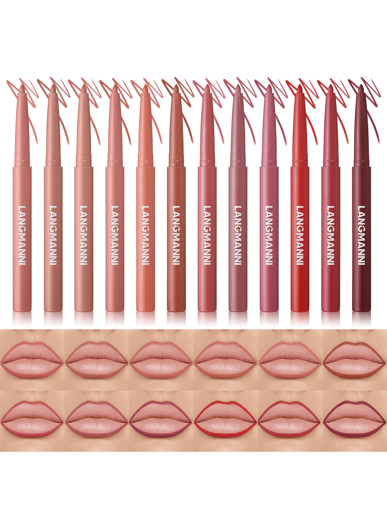 LANGMANNI 12支装唇线笔套装：哑光丝绒唇线笔套装，质地柔滑细腻，防水高显色，适合女性日常唇妆。 - 12 Set - 查看 1