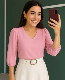 Women's Crepe Duna Blouse With 3/4 Puff Sleeve Plus Size And Slim - Màu Hồng baby - Xem 5