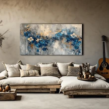 1 pièce Grande canevas d'art mural - Conception florale abstraite élégante bleue et dorée, décoration murale aquarelle moderne pour salon et chambre à coucher, décoration de chambre esthétique, affiche vintage, avec ou sans cadre, décoration de dortoir universitaire et appartement, cadeaux pour décoration murale dans l'hôtel, la maison, le salon, la chambre à coucher, la salle de bain et le bureau