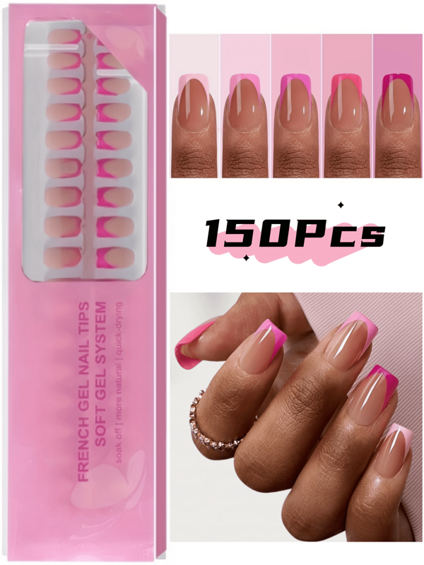 150 piezas de uñas postizas cuadradas cortas, puntas de uñas de gel rosa francés, usadas como uñas postizas para manualidades, estilo sencillo y versátil en 15 tamaños adecuados para mujeres