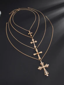 4 件套赛博朋克优雅街头风格仿珍珠彩色水钻心形十字架项链套装，多层吊坠项链时尚配饰女士 - 銀色 - 查看 7