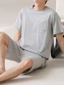 AICJ Set de 2 piezas de pijama casual de hombre con pantalón corto a cuadros y camiseta de manga corta de unicolor holgada y sencilla, para primavera/verano