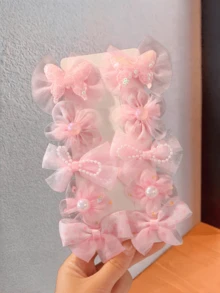 10pcs Cute Pink Bow Pearl Decor Hair Clips - Pink - View 2