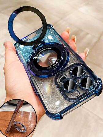 Luxury Electroplated Transparent Phone Case With Ring Holder & Magnetic Stand, Shockproof, Rhinestone Glitter, Y2K Style, Fashionable Silicone Soft Protective Cover Compatible With Iphone 16/16E/15/14/13/12/11/X/XS/XR/8/7 Plus/Pro/Max/Mini, Galaxy S24/S25 Ultra, Compatible With Xiaomi Redmi, Honor, OPPO Reno, MOTO Infinix Women 2025