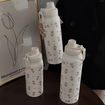 1pc Pink Tulip Heart Shaped Stainless Steel Vacuum Insulated Water Bottle - Double Wall Thermal Tumbler, Suitable For Both Hot & Cold Drinks, 20.29oz/27.05oz/33.81oz Sizes, Perfect For Travel, Gym, Outdoor Activities & Gifts