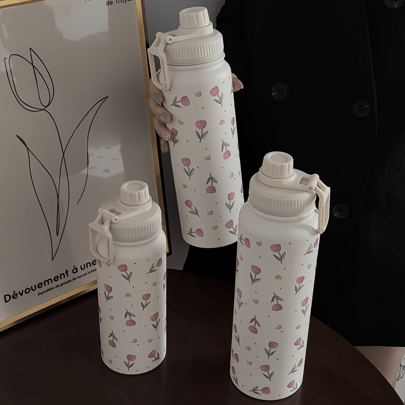 1pc Pink Tulip Heart Shaped Stainless Steel Vacuum Insulated Water Bottle - Double Wall Thermal Tumbler, Suitable For Both Hot & Cold Drinks, 20.29oz/27.05oz/33.81oz Sizes, Perfect For Travel, Gym, Outdoor Activities & Gifts
