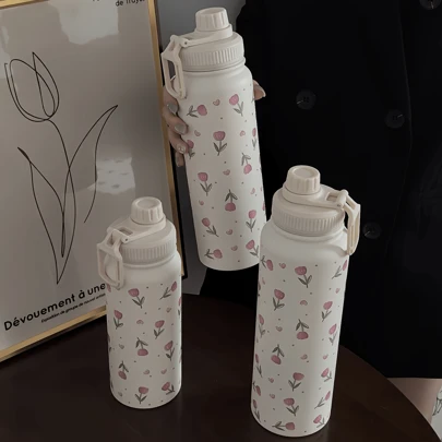 1pc Pink Tulip Heart Shaped Stainless Steel Vacuum Insulated Water Bottle - Double Wall Thermal Tumbler, Suitable For Both Hot & Cold Drinks, 20.29oz/27.05oz/33.81oz Sizes, Perfect For Travel, Gym, Outdoor Activities & Gifts