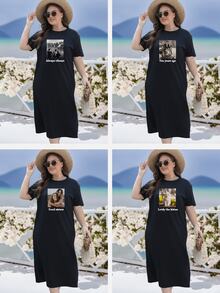 Customized Photo + Text Plus Size Women's Dress, Personalized Photo Printing, Upload Your Funny Image/Pet/Friend Photo Designed On The Front, Plus Size Women's Dress, Customized Birthday/Name/Blessing Text, Plus Size Women's Dress, Birthday/Anniversary/Holiday Pattern Customization, Team Uniform/Outdoor Wear/Class Uniform/Sportswear Customization, Personalized Plus Size Dress, Holiday Gift - Black - View 2