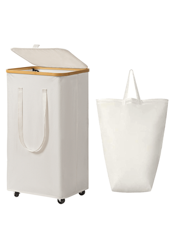 60L/65L/100L/110L 带盖带轮竹制洗衣篮 - 包含可拆卸洗衣袋、带手柄的可折叠脏衣篮、超大容量脏衣篮、可折叠布艺洗衣篮、家用洗衣收纳桶