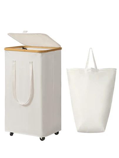 60L/65L/100L/110L Wheeled Bamboo Laundry Basket With Lid - Includes Removable Laundry Bag, Foldable Dirty Clothes Basket With Handle, Extra Large Capacity Dirty Clothes Hamper, Collapsible Fabric Laundry Basket, Home Laundry Storage Bin