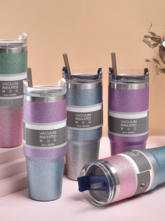 1个时尚渐变大容量真空保温旅行水瓶，日常办公饮水杯，户外旅行贴心车载水杯，适用于办公室、运动健身，礼品杯，情侣水杯，可重复使用的不锈钢运动水杯，带吸管的便携式车载咖啡杯，理想的圣诞节和新年礼物。