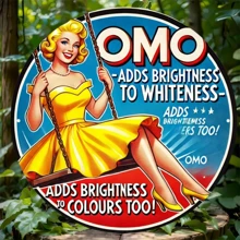 2D Flat - 1 Piece Vintage OMO Metal Sign, 8.0x8.0 Inch Round Retro Iron Plate, 1950s Advertising Element, Nostalgic Home Decor For Kitchen, Bathroom, Laundry Room, Dining Room, Bar, Cafe - Classic Distressed Yellow, No Electricity Needed, Rustic Decor | Vintage Metal Sign | Bold Font, Metal Wall Art Decor, Random Hole Style