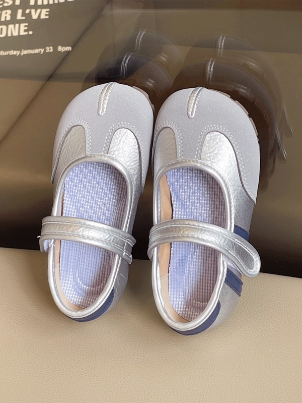 1 Pair Kids Silver Gray & Blue Color Block Hook And Loop Leather Shoes, Elegant For All Seasons