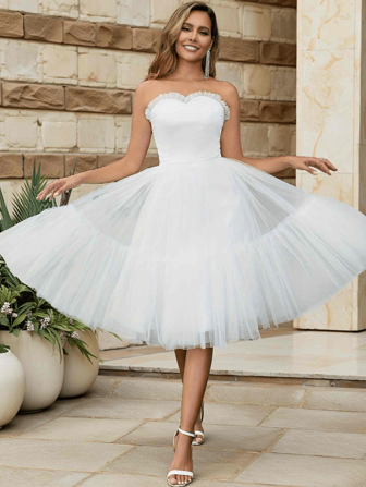 YUMIBRAVO Solid Color Frill Trim Mesh Hem Elegant Wedding Dress