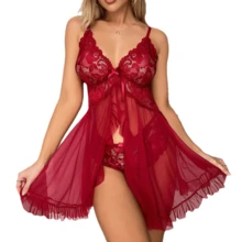 SOFUSEN 2 Piece Lace Lingerie For Women Sexy Open Front Ruffle Sheer Mesh V Neck Nightwear Sexy Chemise Nightie Mesh Sleepwear Floral Hem Sleepshirt  Lace Lingerie Dress With Thong - 卡其紫色紅色 - 查看 5