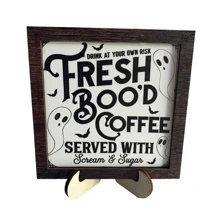 1 pieza Letrero de Halloween "Freshly Boo'd Coffee" en 3D, decoración linda para barra de café de Halloween, decoración de madera para cocina, accesorios rústicos para el hogar, ornamento de sobremesa interior