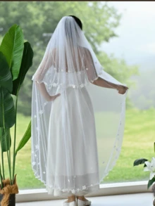 1 件双层仿珍珠花新娘头纱，华尔兹长度，适合婚礼仪式、婚纱摄影，带发梳 - V217 - 查看 6