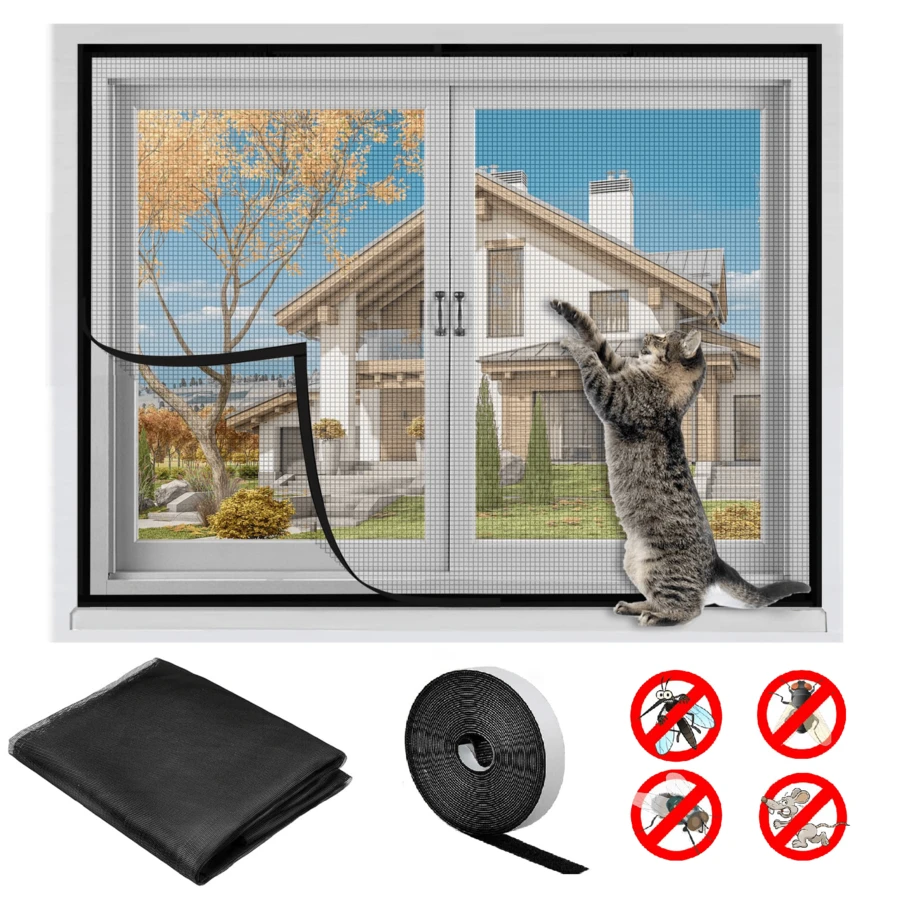 Kit de malla anti mosquitos para ventana con cinta adhesiva, de tamaño personalizable, de fácil instalación y reutilizable, de malla respiratoria negra que evita que los gatos salten por la ventana