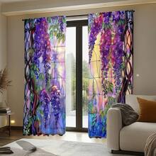 2pcs-[Purple Floral Print Artistic Drapes] Wisteria Stained Glass Curtains Dreamy Garden Style Purple Floral Print Artistic Painted Design Romantic Spring Drapes Colorful Leaves Pattern Rod Pocket Set Of 2 Panels For Living Room Bedroom Kitchen Bathroom Window Sun Shade