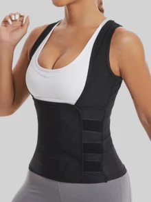 High-Waisted Women's Deeplan, Sweat Waist Trainer, Sports Bralette, Sleeveless Knit Fabric With A Round Neck, Tight Fit For Running, Yoga, Fitness, Solid Color, All Seasons. - Black - View 2