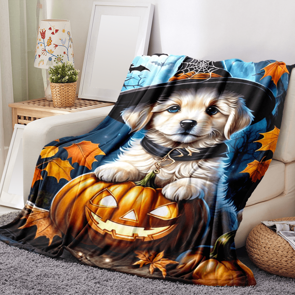 Couverture en flanelle imprimée de chiens de dessin animé et de citrouilles - couverture polyvalente pour toutes les saisons pour le canapé, le lit, la voiture et le camping. Cadeau parfait pour Noël et Halloween