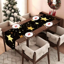 1 pezzo/270 pezzi Runner da tavolo natalizio, sfondo nero con elementi a forma di stella dorata, in materiale di poliestere, 30x180cm, per feste natalizie a casa, ristorante, soggiorno, centrotavola decorativo per tavolo da pranzo interno ed esterno, decorazione per la casa, la cucina, stile decorativo, accessori per la decorazione della stanza, decorazione natalizia, decorazione per il soggiorno - Stelle dorate su sfondo nero - Visualizzare 2