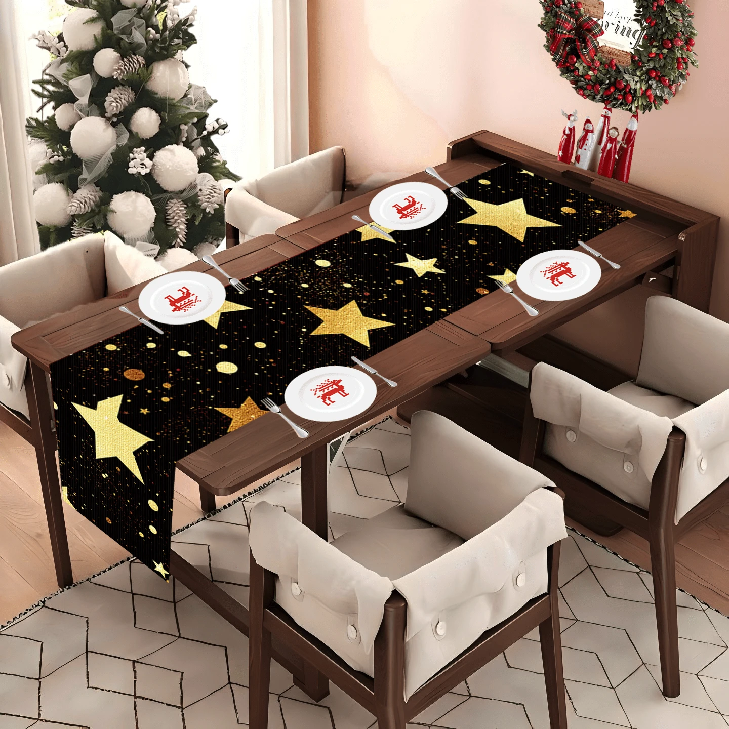 1 pezzo/270 pezzi Runner da tavolo natalizio, sfondo nero con elementi a forma di stella dorata, in materiale di poliestere, 30x180cm, per feste natalizie a casa, ristorante, soggiorno, centrotavola decorativo per tavolo da pranzo interno ed esterno, decorazione per la casa, la cucina, stile decorativo, accessori per la decorazione della stanza, decorazione natalizia, decorazione per il soggiorno