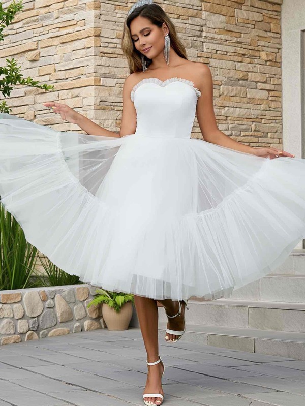 YUMIBRAVO Solid Color Ruffle Trim Mesh Hem Elegant Wedding Dress