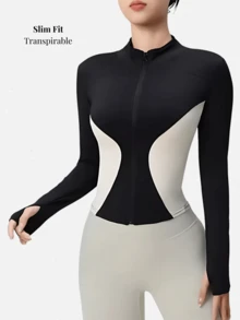 Chaqueta con cierre de cremallera, cuello alto y manga larga de color block casual para mujer - Negro - Ver 7